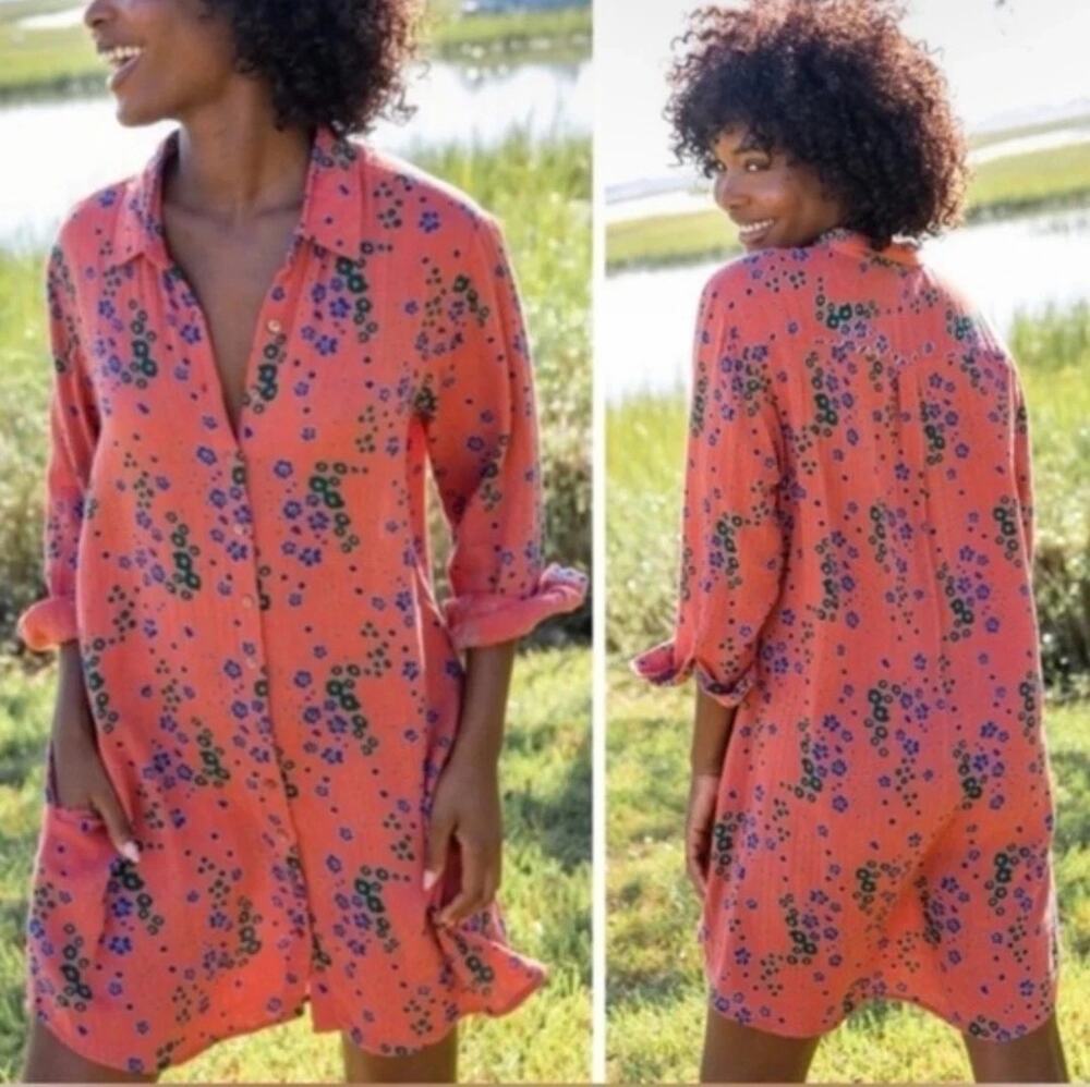 Natural Life Women's Floral Georgia Gauze Gauzy Cotton Long Sleeve Shirt Dress L